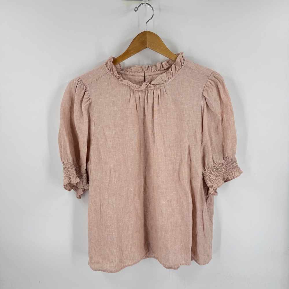 J. Crew Blouse Blush Pink XL Ruffle Neck Smocked Puff Sleeve Linen Top Coastal